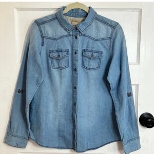 RuffHewn Light Wash Denim Western Button Down Shirt Roll Tab Sleeve Womens Med